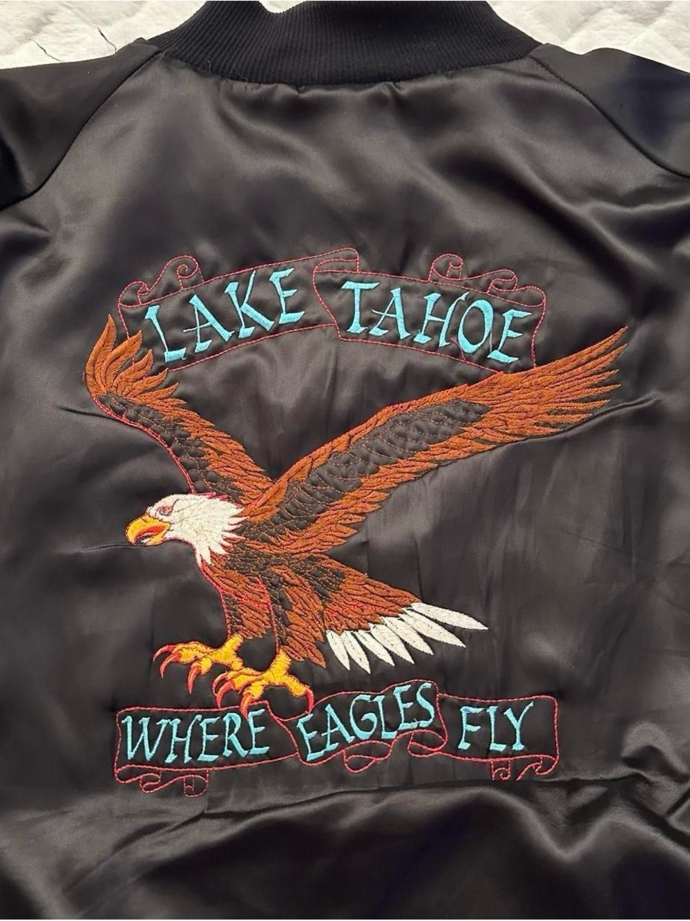 Vintage 1990sMen’s Black Satin Bomber Jacket with Embroidered Eagle - Lake Tahoe